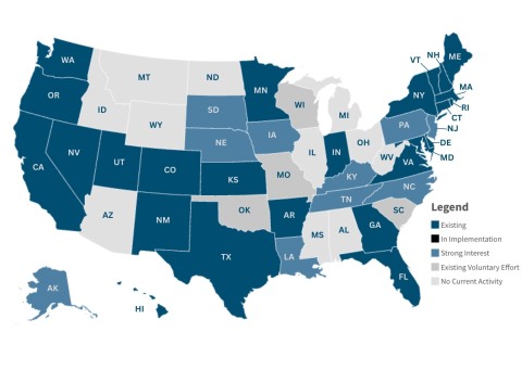 Map of USA showing progression towards APCD implementation
